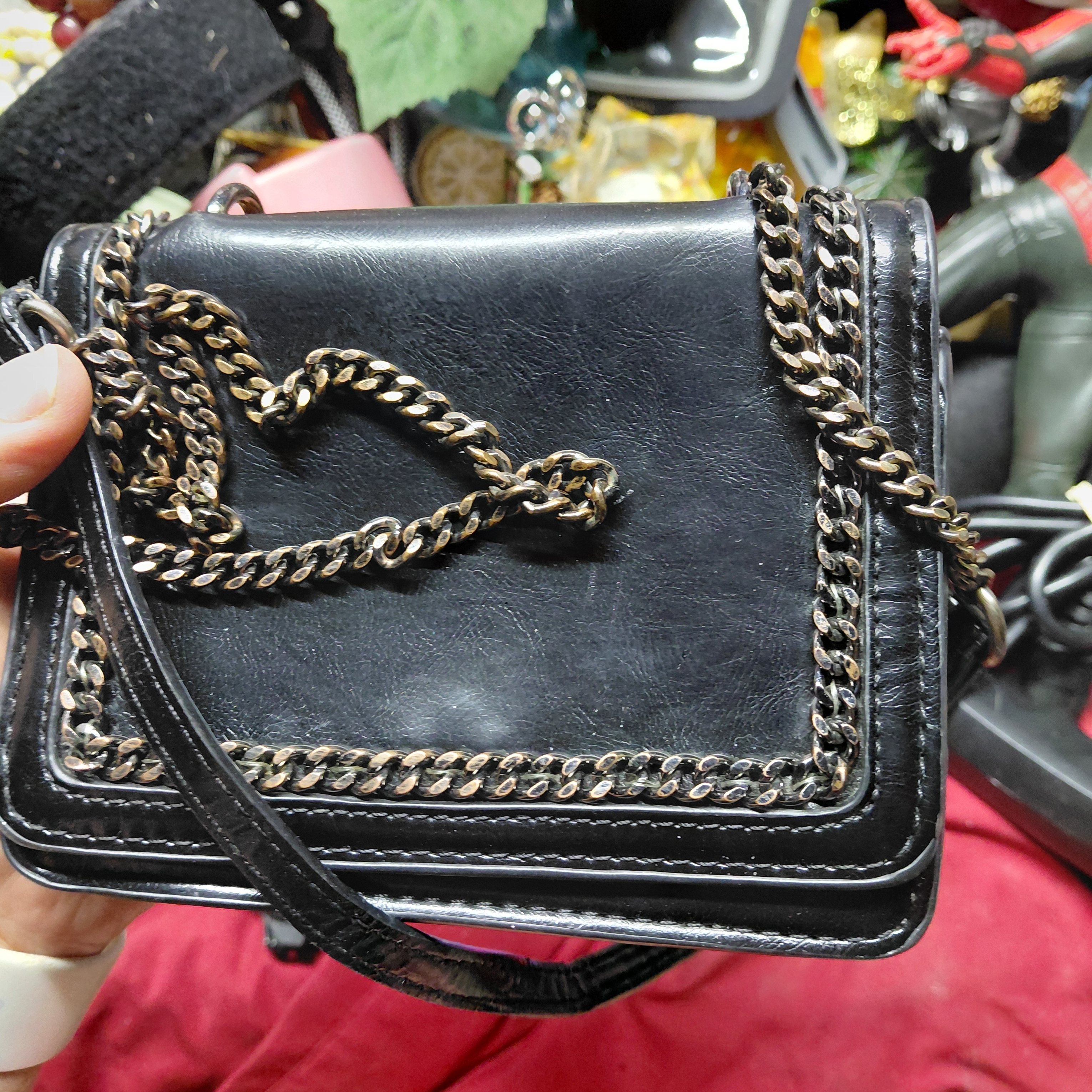 Zara Black Leather Clutch With Chain Detail